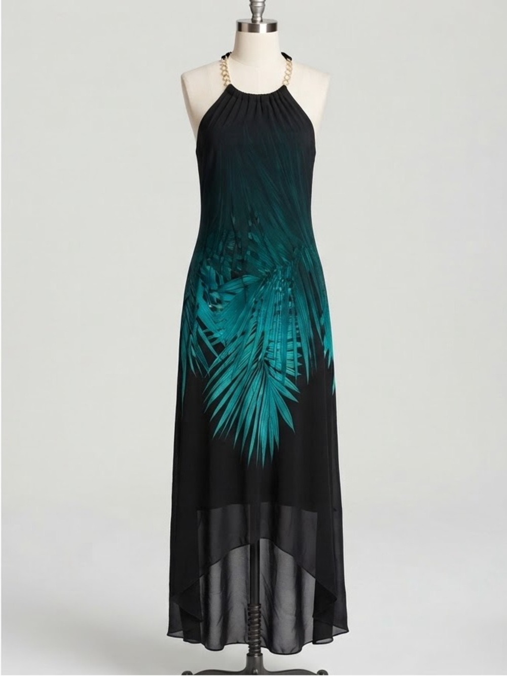 White House Black Market Black and Teal Palm-Print Halter High-Low Dress